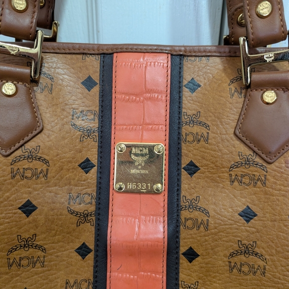 MCM Cognac Logo-Print Limited Ed Tote with Coral Stripe - Picture 2 of 8